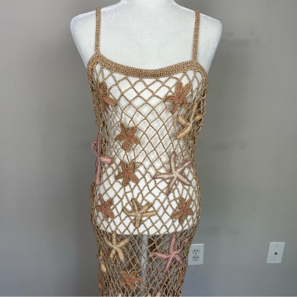 RETROFETE SERAFINA OPEN CROCHET STARFISH MAXI DRESS SIZE M/L IN ALMOND LUREX - Picture 10 of 17
